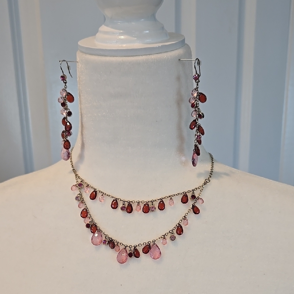 Elegant Pink and Red Drop Necklace and Earring Set